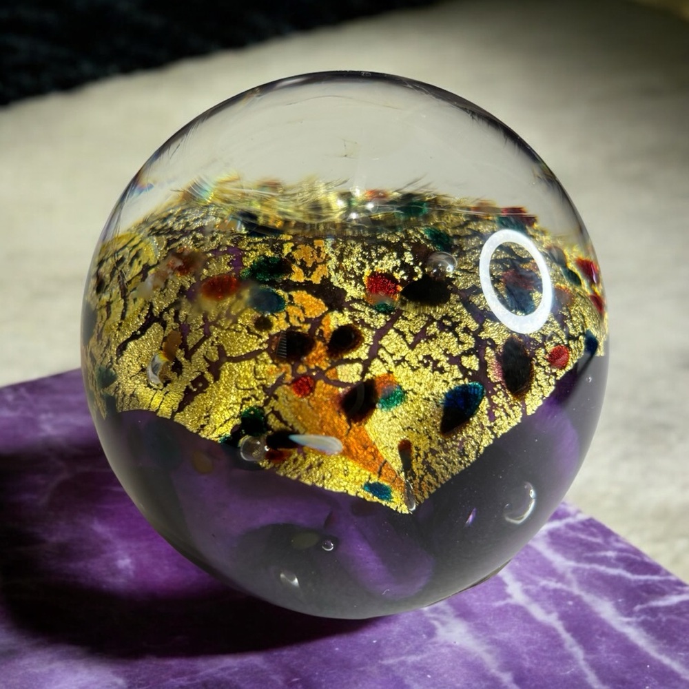 Vintage Robert Held Signed Art Blown Glass Paperweight Iridescent Gold Purple